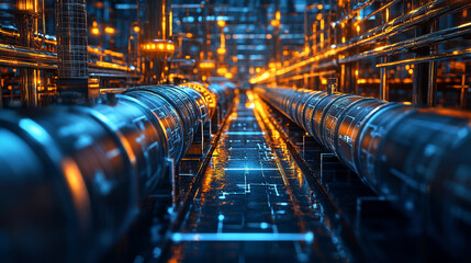 Futuristic digital pipeline visualizes AI ML IoT integration for smart leak detection and sustainable water management with glowing sensors, data streams, and a digital interface showcasing advanced t