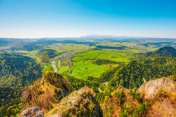 Hiking to peak Tri Koruny or Trzy Korony during day. Pieniny National park in Poland. View from the lookout at the top © Zedspider