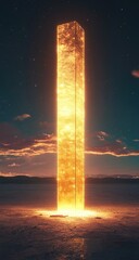 Golden obelisk glows in a desolate landscape at twilight