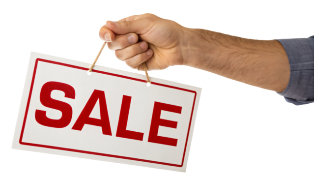 Hand holding a red SALE sign, a clear symbol of business communication and success