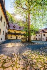 Medieval monastery Cerveny Klastor near Peak Tri Koruny or Trzy Korony in Pieniny National park in Slovakia and Poland © Zedspider