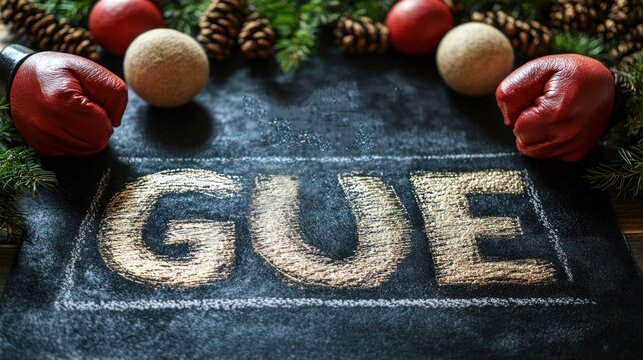 Red boxing gloves and Christmas ornaments arranged around a chalkboard with "GUE" written in chalk.