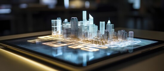 Futuristic city skyline on a tablet screen showcasing technological advancement