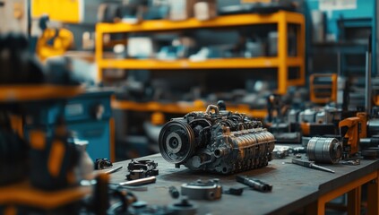 Close-up of an intricate engine being assembled in a mechanical workshop