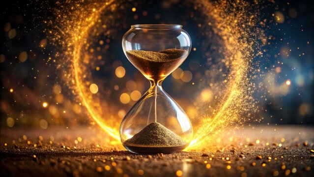 Antique hourglass on the sand, a timeless instrument measuring the flow of time, a serene concept of countdown
