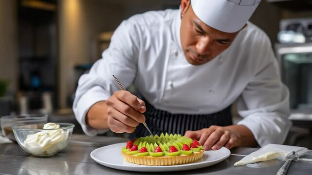 Pastry chef garnishing fruit tart in restaurant kitchen