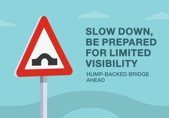Safe driving tips and traffic regulation rules. Close-up of British "hump bridge ahead" sign meaning. Be prepared for limited visibility. Flat vector illustration template.