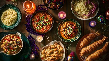 Fototapeta premium Festive feast with various dishes on a wooden table.