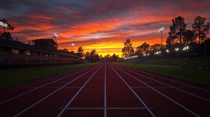 Running track at sunset with vibrant sky and stadium lights.