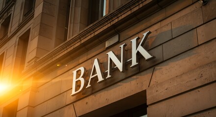 Obraz premium Bank sign on a building facade at sunset