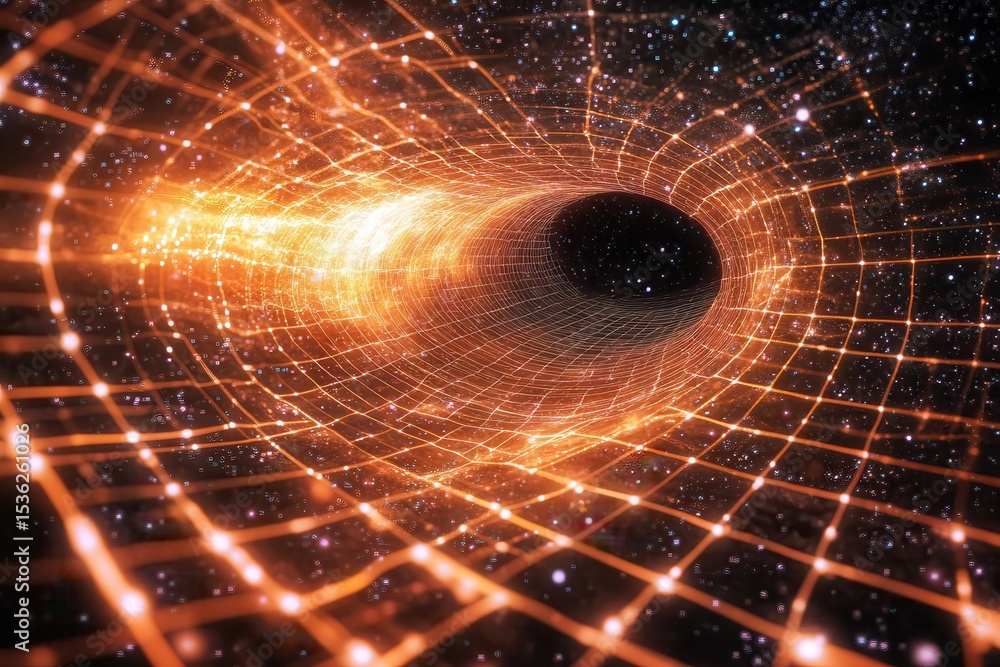 Poster abstract wormhole tunnel with glowing grid and starry background