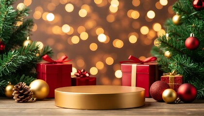 A festive scene with a golden podium surrounded by Christmas trees, red and gold ornaments, and wrapped gifts. Soft bokeh lights create a warm atmosphere.