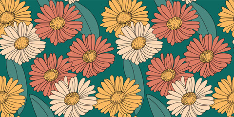 DaisyFlower line art. Seamless pattern for decorating fashion designs, fabrics, wallpapers and prints on a white background.	
