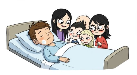 Sick Boy in Bed Visits Family Cartoon Illustration