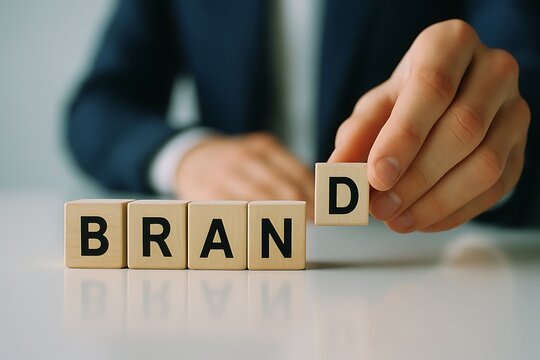 Businessman placing final 'D' block to complete the word "BRAND" on a table