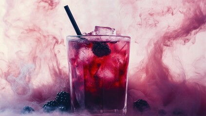 Refreshing blackberry cocktail with ice and a straw, surrounded by a captivating smoky fog effect