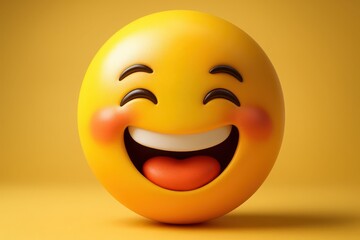 Fototapeta premium Cheerful Emoji with a Big Smile and Rosy Cheeks Against a Yellow Background for Positive Communication