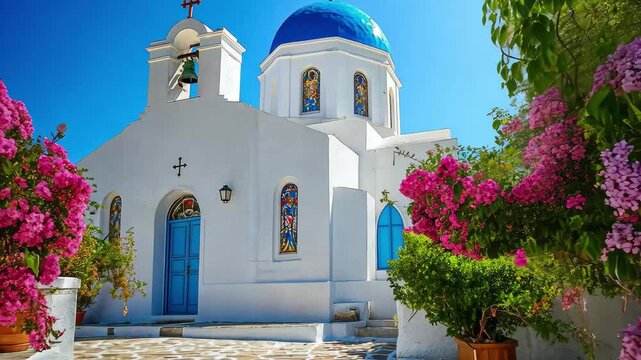 Explore the beautiful Orthodox church on Paros island in Greece during a sunny summer day, Paros island Greece Orthodox church at sunny summer day in traditional town