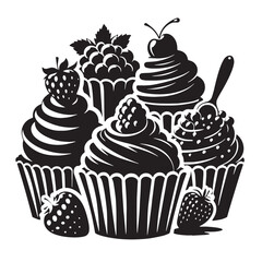 Black Cupcakes Silhouette Vector, High Quality Illustration on White Background