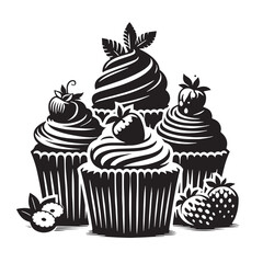 Black Cupcakes Silhouette Vector, High Quality Illustration on White Background