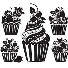 Black Cupcakes Silhouette Vector, High Quality Illustration on White Background