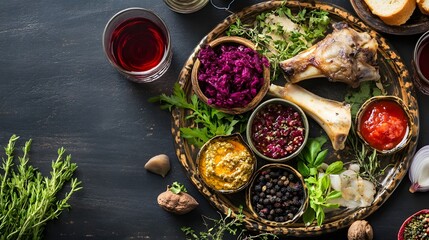 Assorted dishes and sauces arranged on a decorative platter.