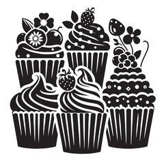 Black Cupcakes Silhouette Vector, High Quality Illustration on White Background