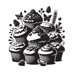 Black Cupcakes Silhouette Vector, High Quality Illustration on White Background