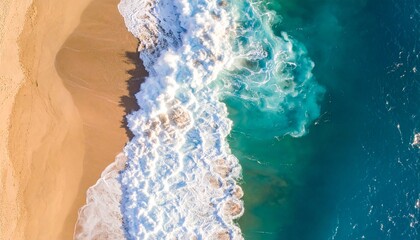 Aerial View of Ocean Waves Crashing on Sandy Beach – Coastal Nature Scene