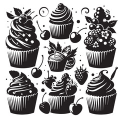 Black Cupcakes Silhouette Vector, High Quality Illustration on White Background