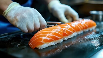 Chef preparing delicious salmon sushi with precision and care in restaurant
