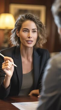 Businesswoman discussing strategy with colleague in elegant office