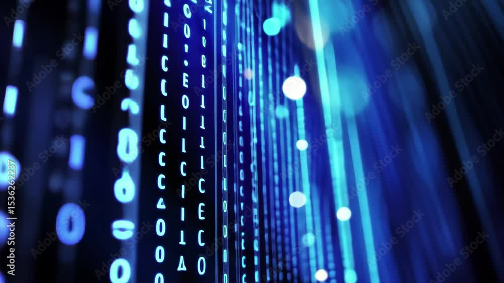 Poster blue digital code cascading in a modern data visualization environment at night, blue hexadecimal bi