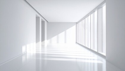 Fototapeta premium Minimalist White Interior with Potted Plant and Sunlight through Large Windows