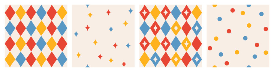 Set of simple seamless abstract colorful geometric pattern of multicolored rhombuses in a row and confetti on light background, harlequin motifs, circus pattern, hand drawn illustration, flat style
