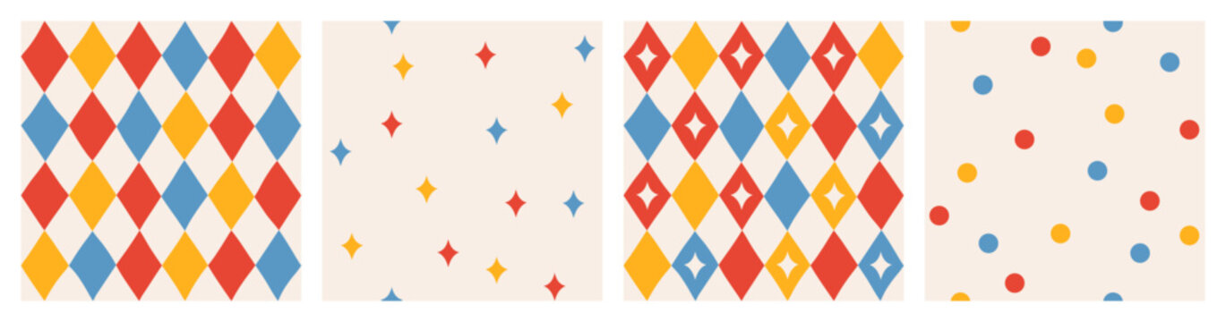Set of simple seamless abstract colorful geometric pattern of multicolored rhombuses in a row and confetti on light background, harlequin motifs, circus pattern, hand drawn illustration, flat style