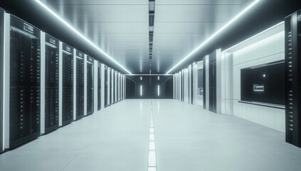 Symmetrical data center corridor showcases advanced technology infrastructure