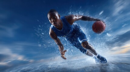 A man in a blue shirt and white shorts is running with a basketball
