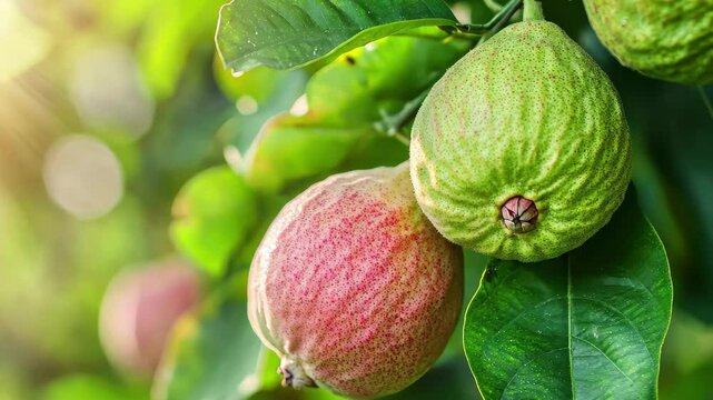 Ripe guava fruit on tree under sunlight showcasing growth and ripening process over time, ripe guava fruit on the tree seamless ing time lapse virtual video Background