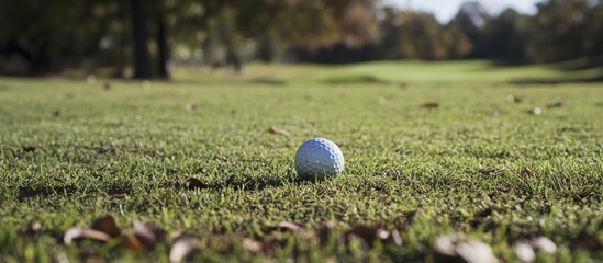 Golf ball nestled in lush green grass on a sunny autumn day on a golf course