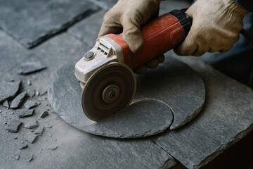 Worker using angle grinder to cut circular shape in slate tile, demonstrating precision craftsmanship and fine stonework skills