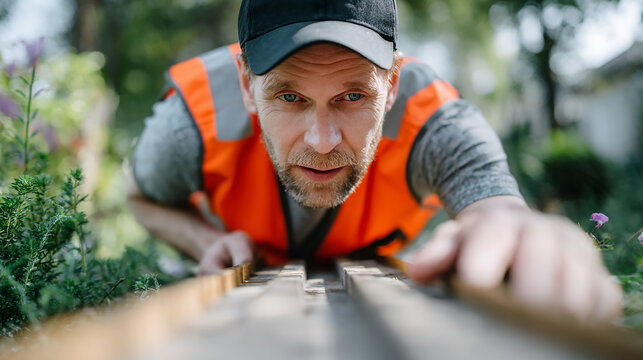 Focused construction worker measuring wooden plank outdoors with precision and safety gear in natural environment