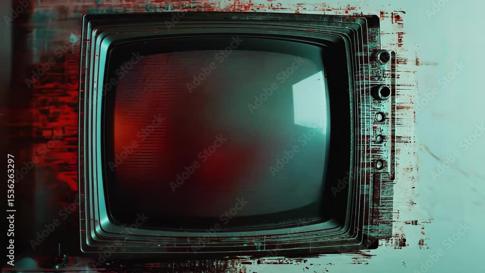 Poster glitch art digital noise on a vintage television display with analog artifacts, vertical analog glit