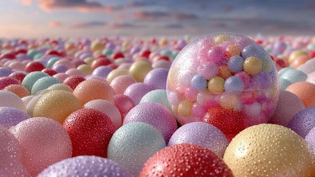 Pastel Paradise: A whimsical landscape of colorful candy spheres and gumball filled orbs