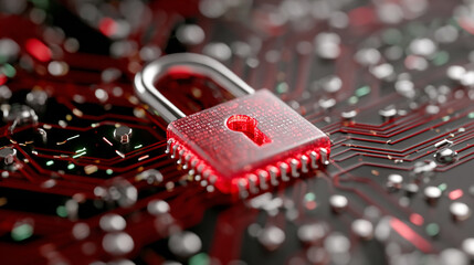 Secure digital lock on computer circuit board representing cybersecurity protection and data safety in technology systems