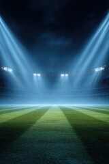 A stadium with a green field and a blue sky