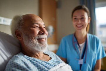 Obraz premium A woman in a blue scrubs is smiling at a man in a hospital bed