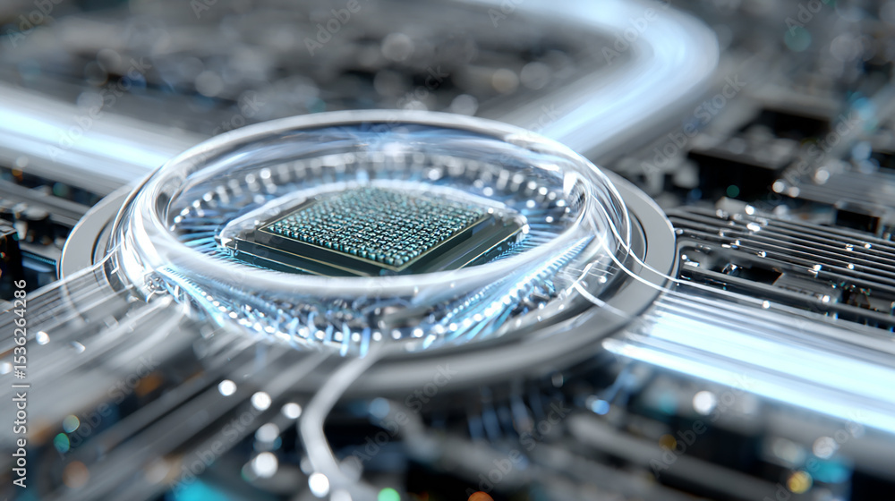 Aufkleber close up of futuristic microchip with glowing circuits on motherboard symbolizing advanced technolog
