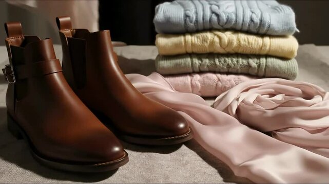 Artistic Composition of Shoes Scarves and Sweaters on Textured Fabric Backdrop - National OOTD Day