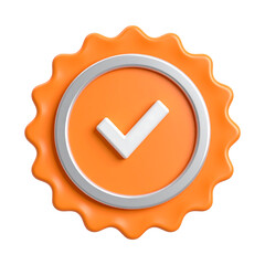 3D Verified Badge with White Check Mark and Silver Ring on Orange Seal – Transparent Background

